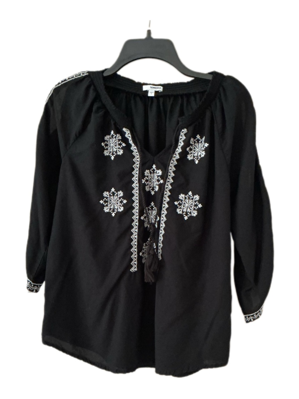 Sonoma Black Peasant Top with White Embroidery